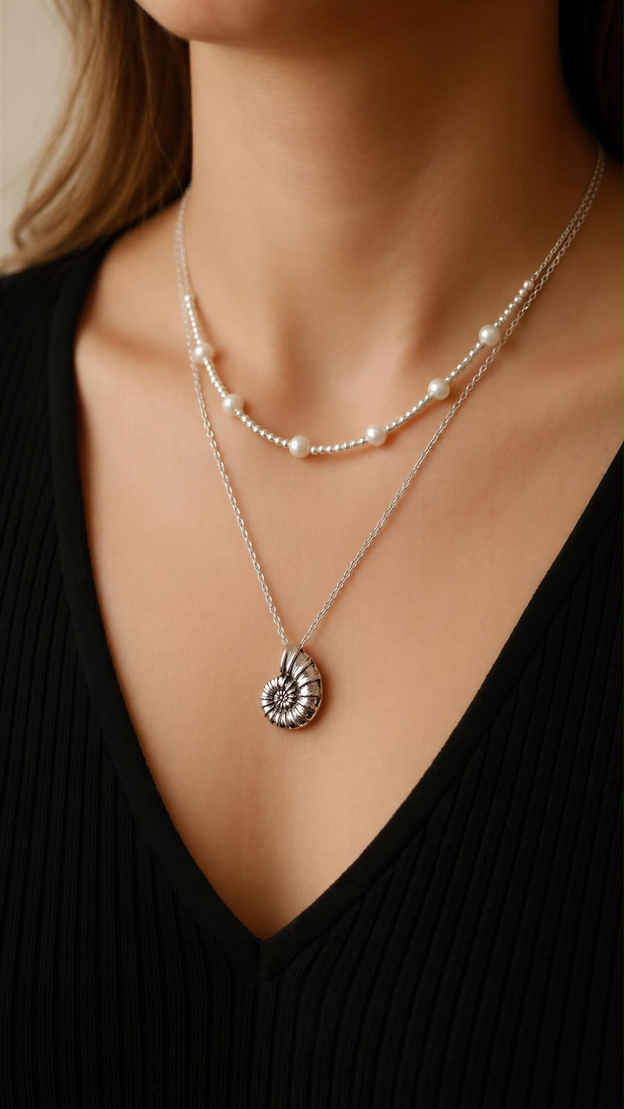 Collar Doble de Plata .925 con perlas y dije de caracol - Imagen 2